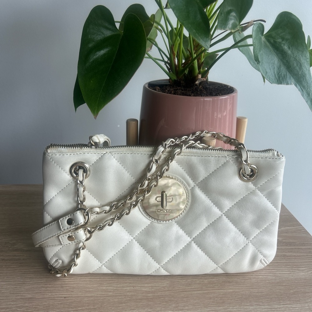 Donna Karan Cream Quilted Clutch with Chain Strap